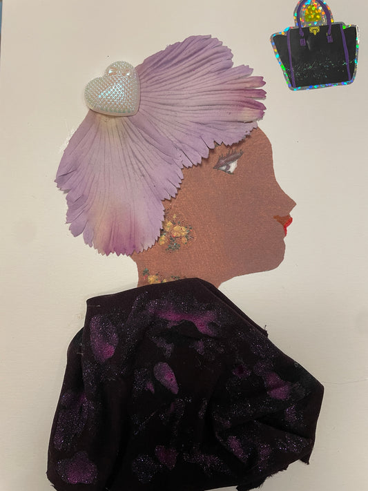 Handmade card of a woman with a lilac flower petal headwrap, pearly heart accessory, and black-purple glittery dress. A small handbag sticker is near her head.