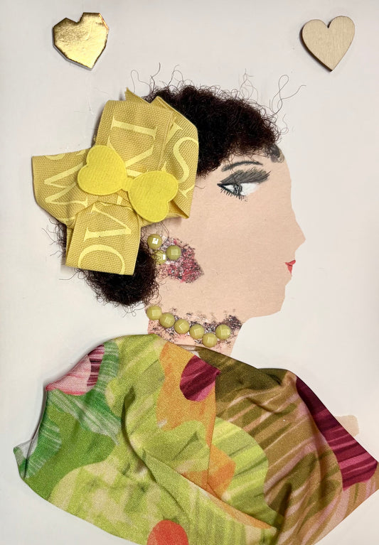 Chelsea Sunshine radiates joy and warmth. Her vibrant yellow bow and cheerful beaded jewelry perfectly complement her multicolored, floral-patterned outfit. The two heart motifs floating nearby highlight her sweet and loving aura.