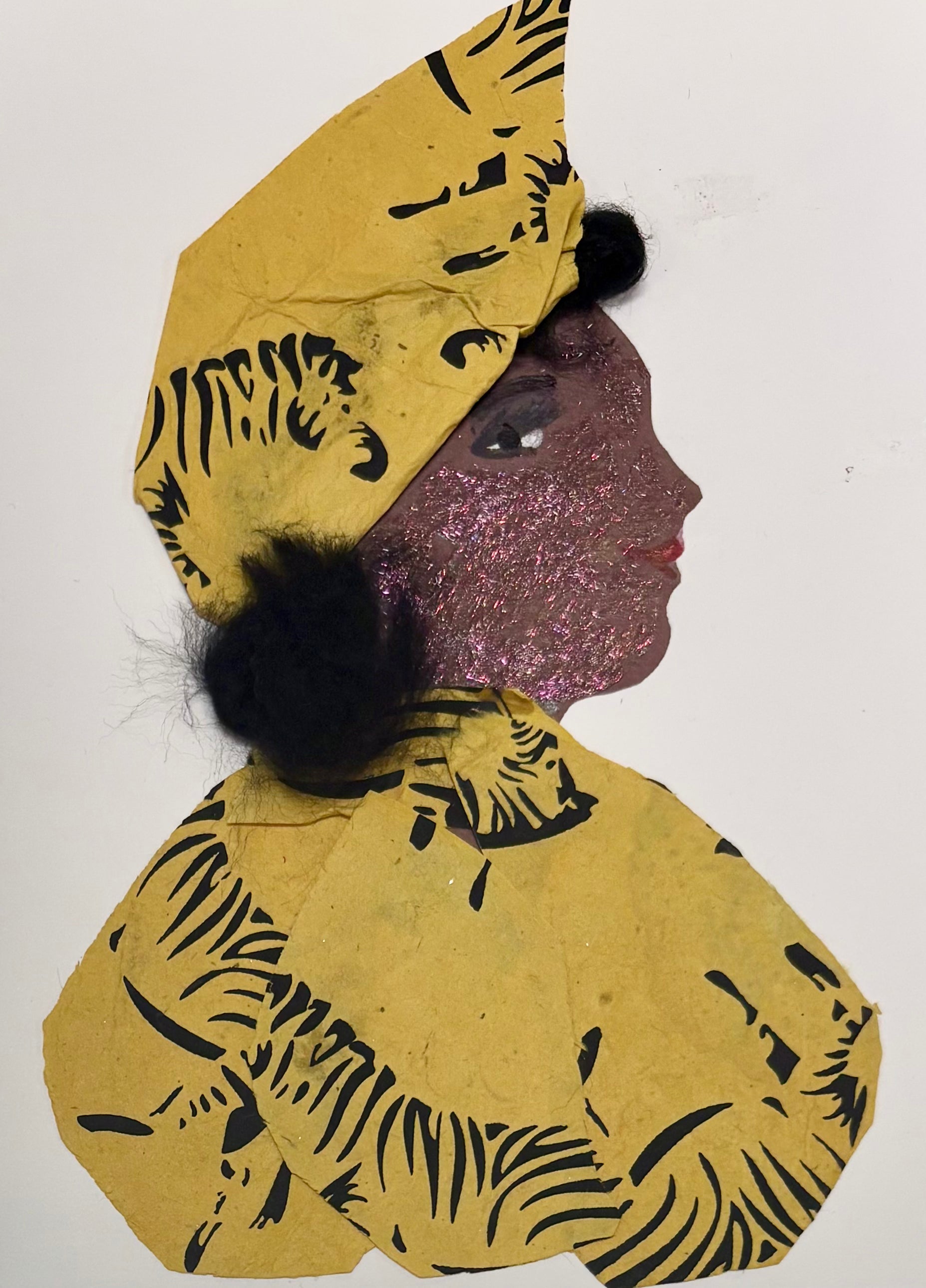 Chloe Canary commands attention with a fierce yellow ensemble accented by bold black tiger stripes. Her shimmering profile, framed by textured black hair tufts, radiates quiet strength and style, a statement of resilience wrapped in wild elegance.