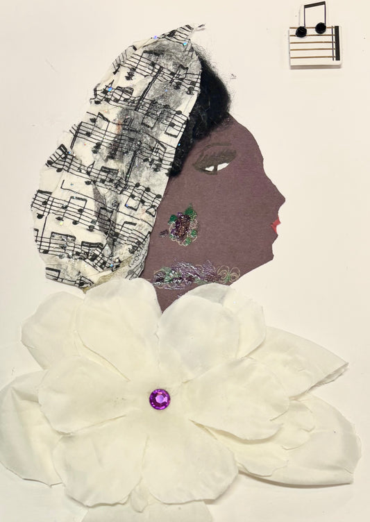 A woman wears a sheet music inspired headwrap with a blouse madeup of a large white flower with a purple gem in the center. She has subtle jewellery and a music staff decorates the top right corner.