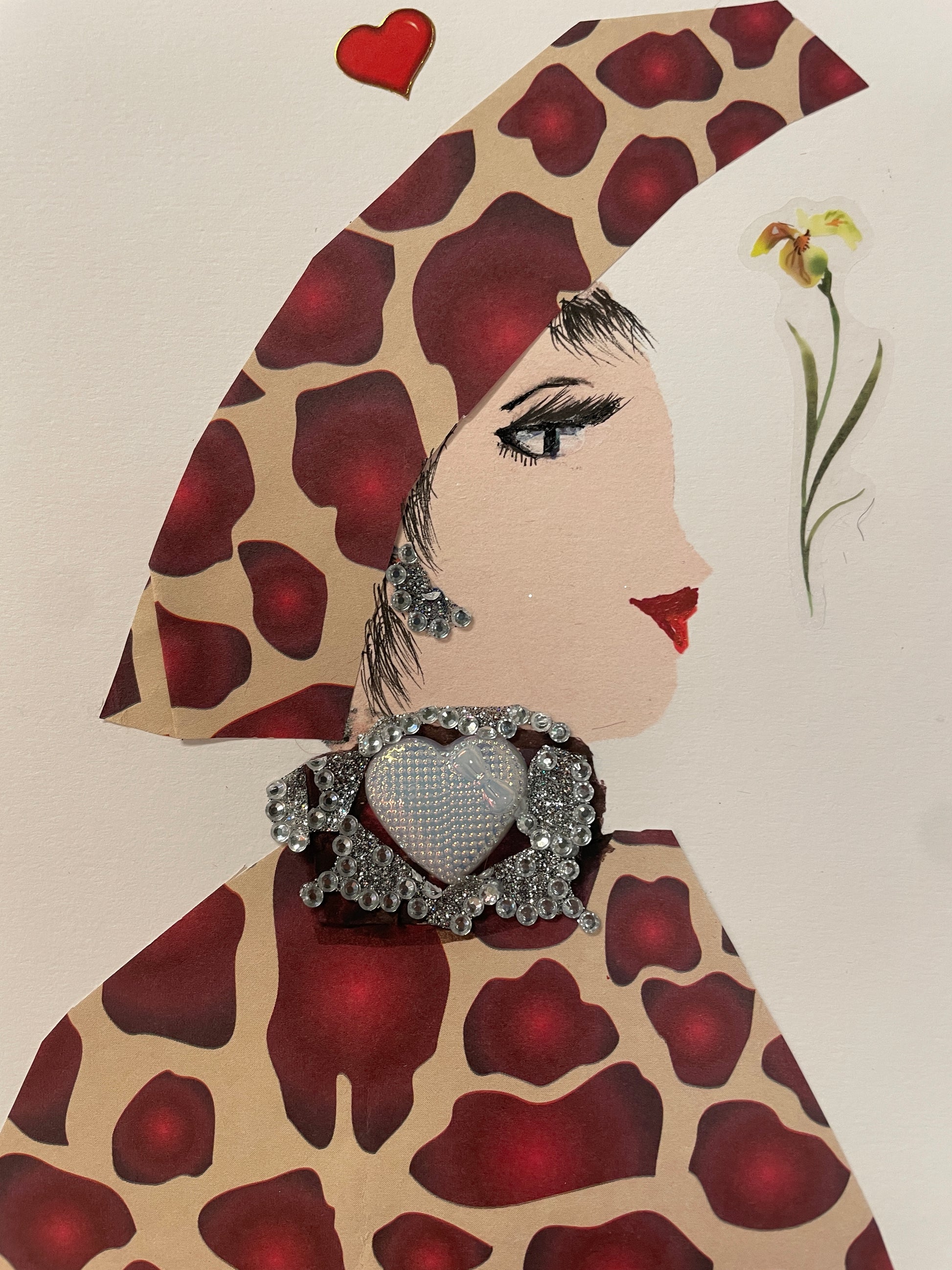This is a handmade card of a woman named Farah Amour wearing a red and beige outfit with glittering jewels, and surrounded by a red heart and flower sticker.