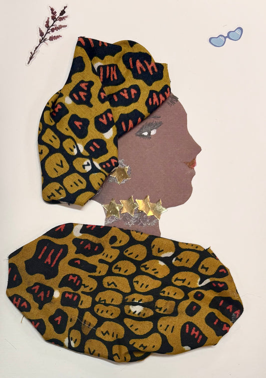 Golden Gracie dazzles in her bold, patterned attire of mustard and black, adorned with shimmering golden stars. Her poise and confident side gaze suggest elegance and inner strength, perfectly matched by the tiny sunglasses and botanical details dancing above her.