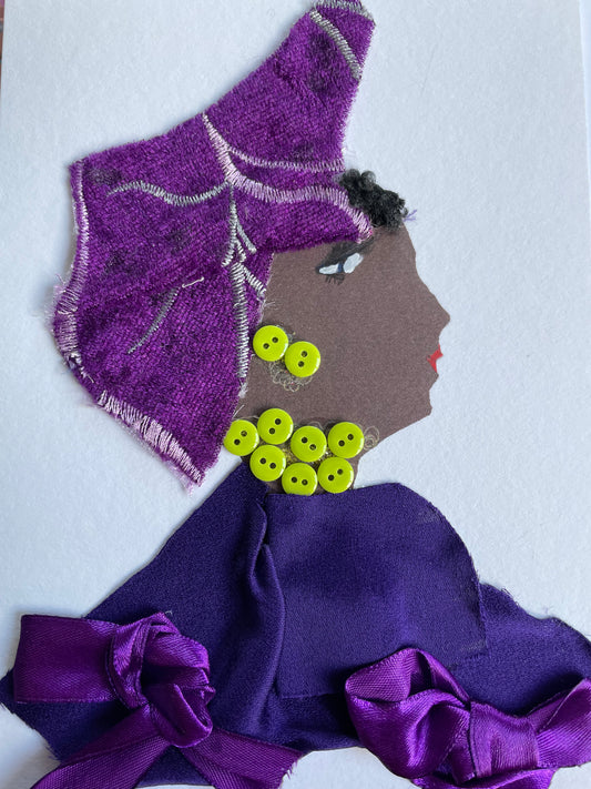 This is a card I have designed of a woman who wears a lovely purple hat. She wears a tasteful violet blouse with charming silk purple bows. As a pop of color, she wears electric green button jewellery.