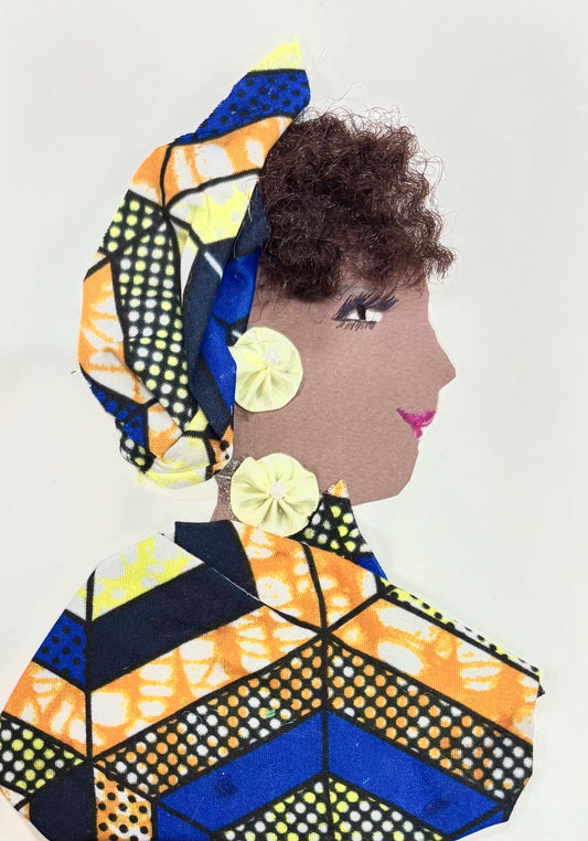 This elegant card was lovingly handmade. Natural Nima wears a matching headwrap and blouse featuring a geometric pattern with yellow, orange, and royal blue. Her pale yellow jewellery adds a nice touch to her elegant look.