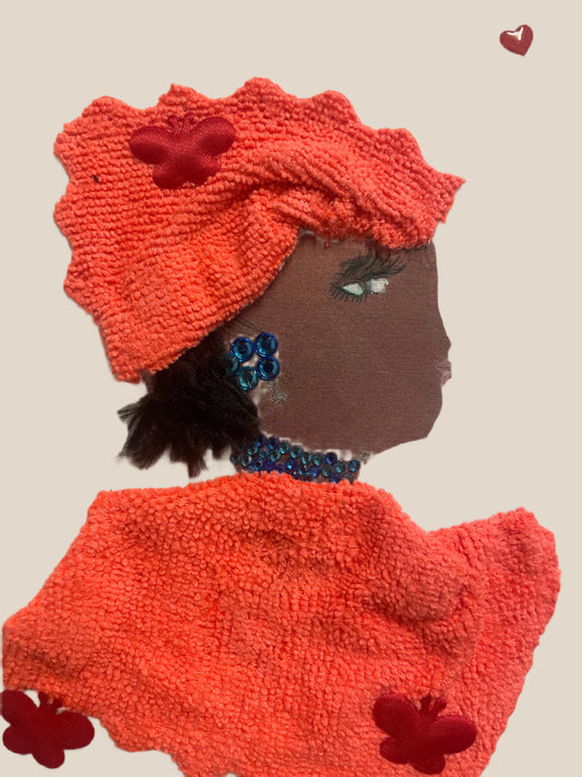 I made this handmade card of a woman named Dr. Bailey Briar. Her super cool textured coral outfit and hat are adorned with deep red butterflies and gleaming blue gemstones, giving her a fiery, fearless glow.