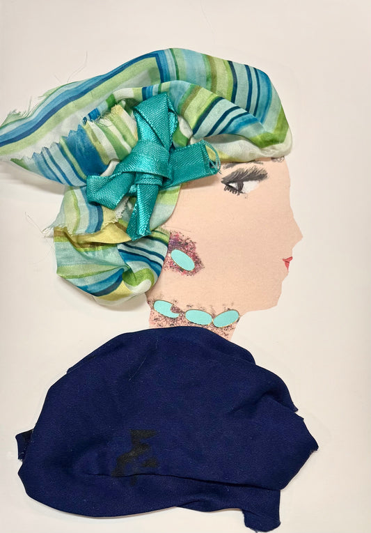 A side profile of a woman's face made with fabric and art materials. She has a colorful striped headwrap with a shiny blue bow, turquoise jewelry, and a dark blue top. Her eye, lips, and earrings are drawn or painted on.