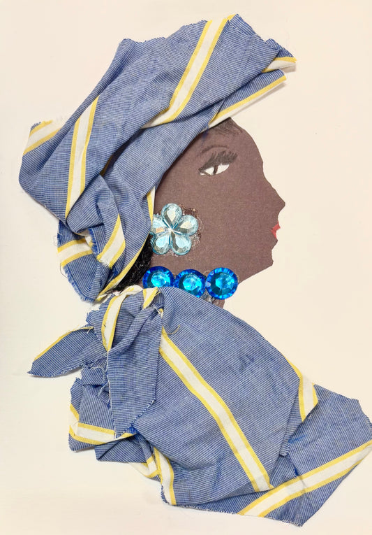A side profile of a woman created with fabric and craft elements. She wears a blue and yellow striped headwrap and matching outfit. Her jewelry includes a large light blue flower earring and a necklace made of shiny blue gems. Her eye and lips are drawn on.