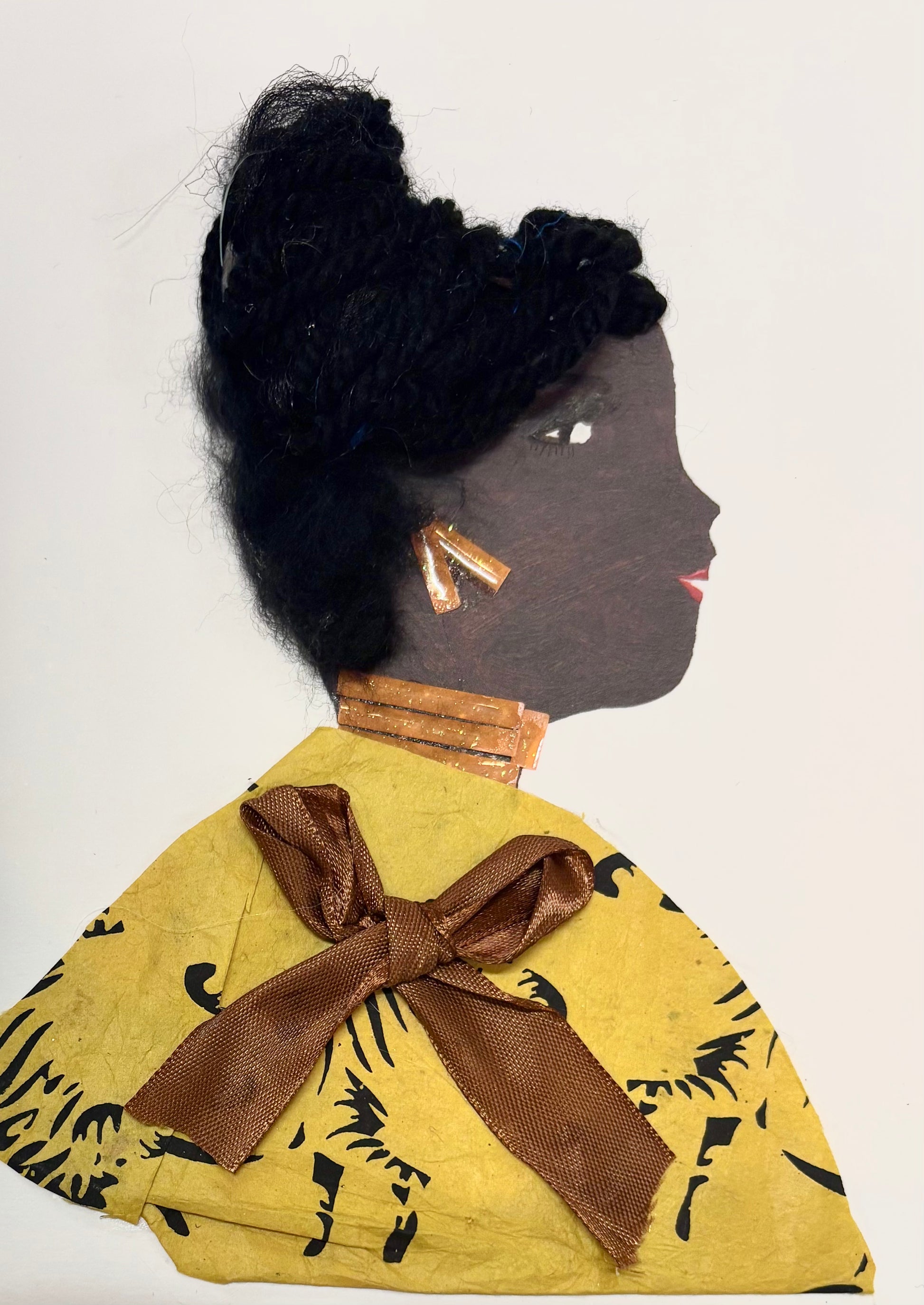 This woman has dark hair. Her blouse is yellow with a minimal stripe pattern. The blouse features a chocolate brown bow. Her jewellery is orange.