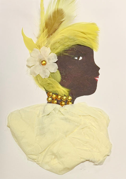 A woman has bright yellow hair made of feathers with a white flower as an accessory. She wears a golden necklace and pale yellow blouse.