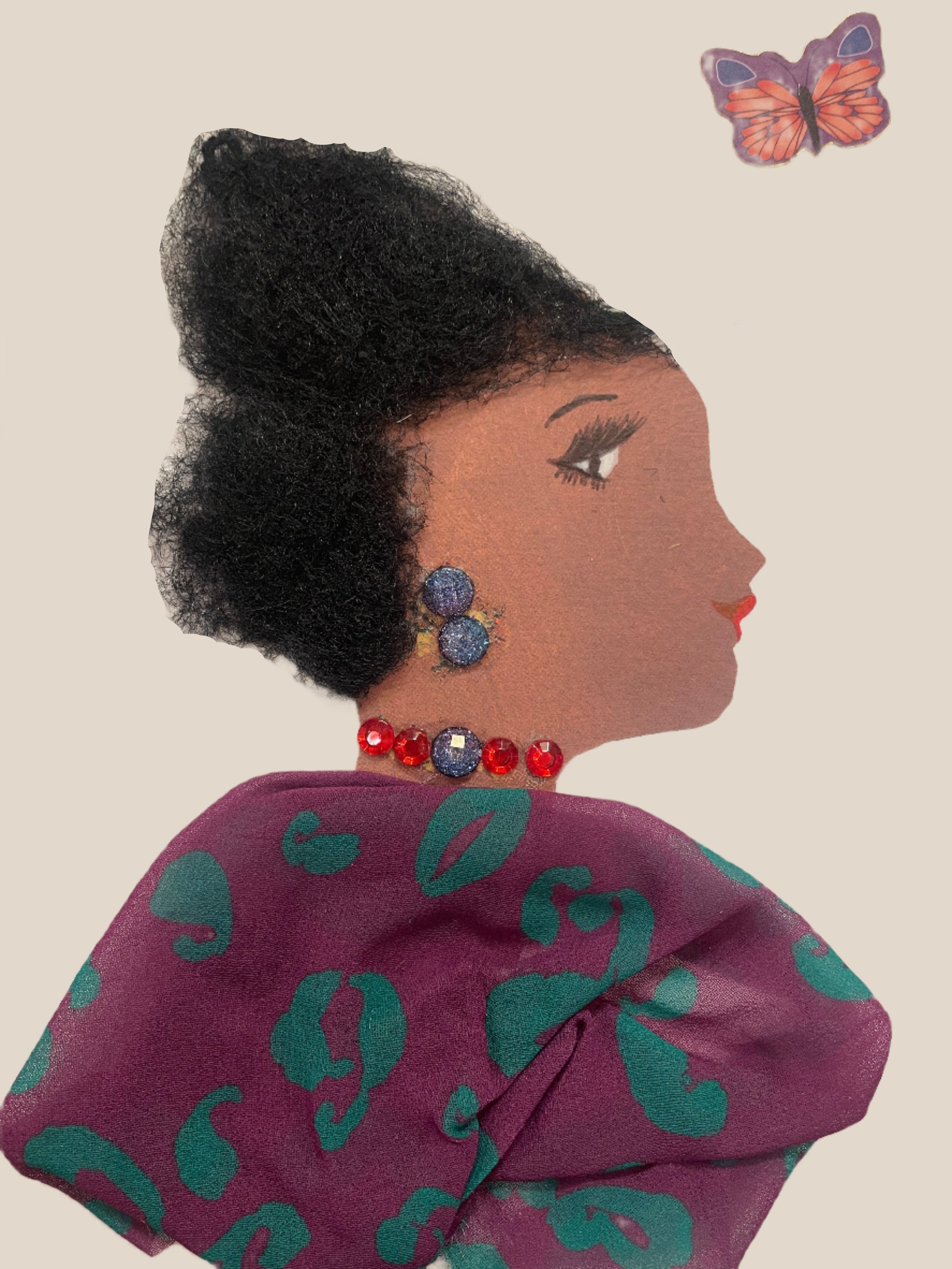 This is a handmade card of a woman named Marla Mews. She has voluminous black textured hair, blue stud earrings, a red beaded necklace, and a purple wrap with green leopard-like patterns. A butterfly sticker is in the top right corner.
