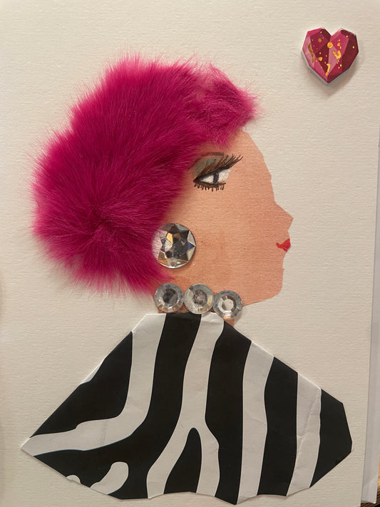 This is a handmade card of a woman named Pinky Petal with bright pink hair, large silver earrings, and a zebra-striped outfit. A dynamic pink heart is placed in the top right corner
