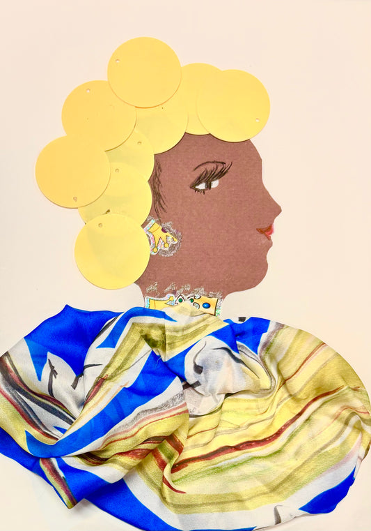 I handmade this card of a woman named Primrose Polly. Her hair is created with bright yellow circular pieces arranged in a voluminous style. She wears a colorful, silky outfit made of fabric in blue, yellow, white, and red stripes. Her look is completed with a sparkly earring and necklace, both decorated with small jewel-like accents.
