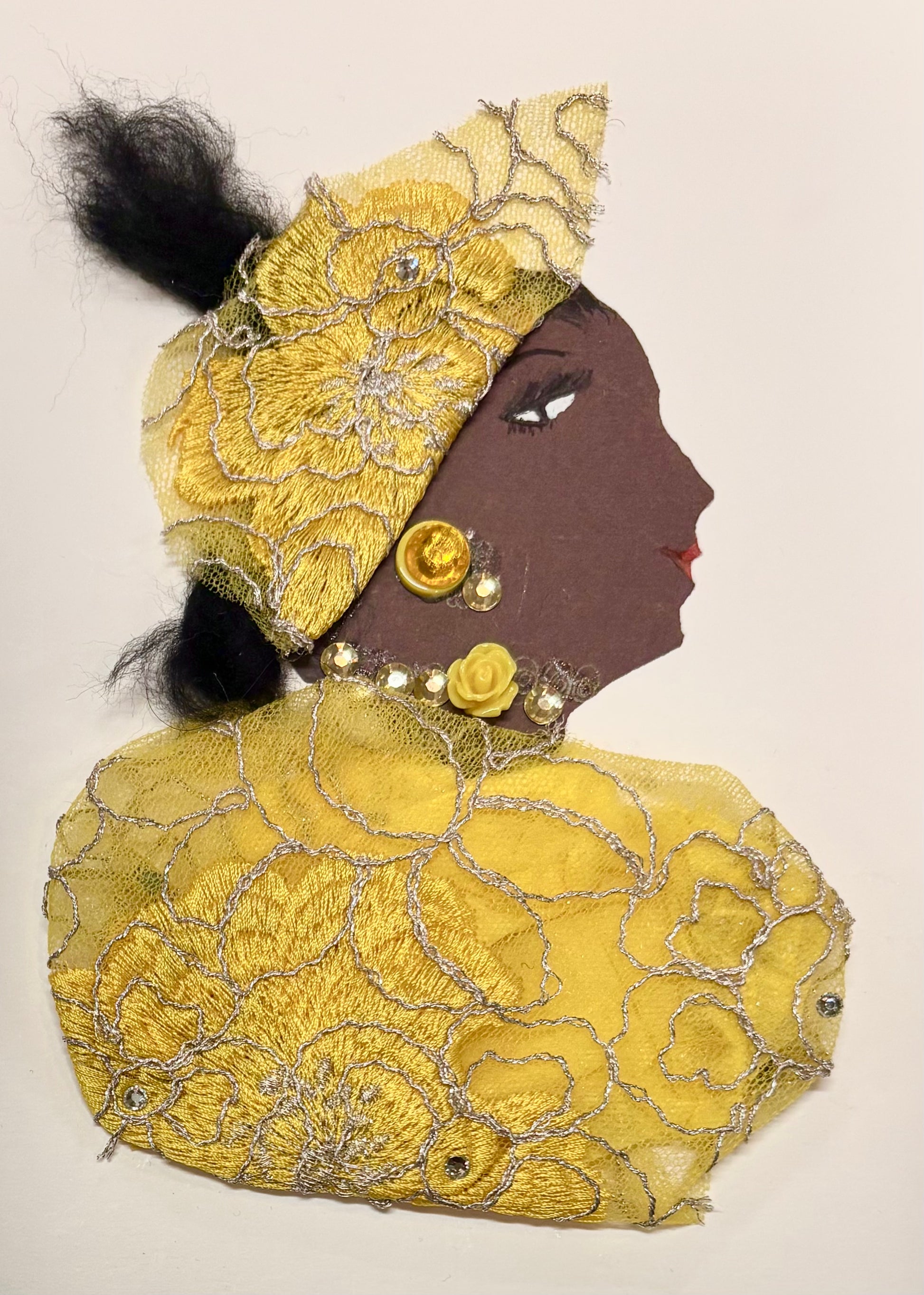 I handmade this card of a woman named Sunny Samantha. She wears bright yellow floral lace across her outfit and headwrap. Her jewelry includes a bold round earring, shiny gems, and a tiny yellow rose on her choker. Her style glows with cheerful elegance.