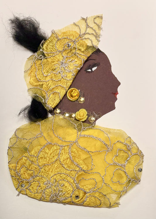 I handmade this card of a woman named Sunny Samantha. She wears bright yellow floral lace across her outfit and headwrap. Her jewelry includes a bold round earring, shiny gems, and a tiny yellow rose on her choker. Her style glows with cheerful elegance.