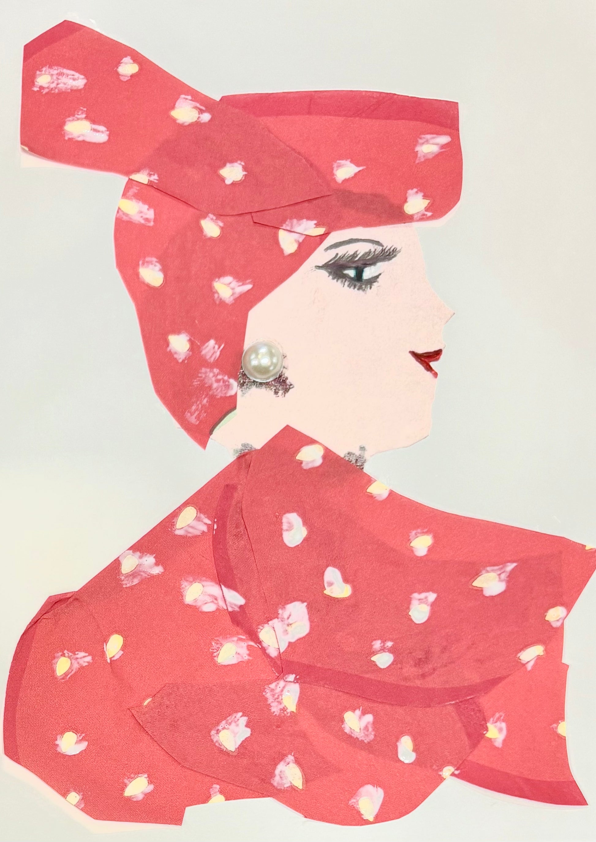 Handmade portrait of a woman in profile. She wears a red headwrap and dress with a white and yellow floral pattern. Her earring is a large pearl, and she has bold eye makeup and red lipstick.