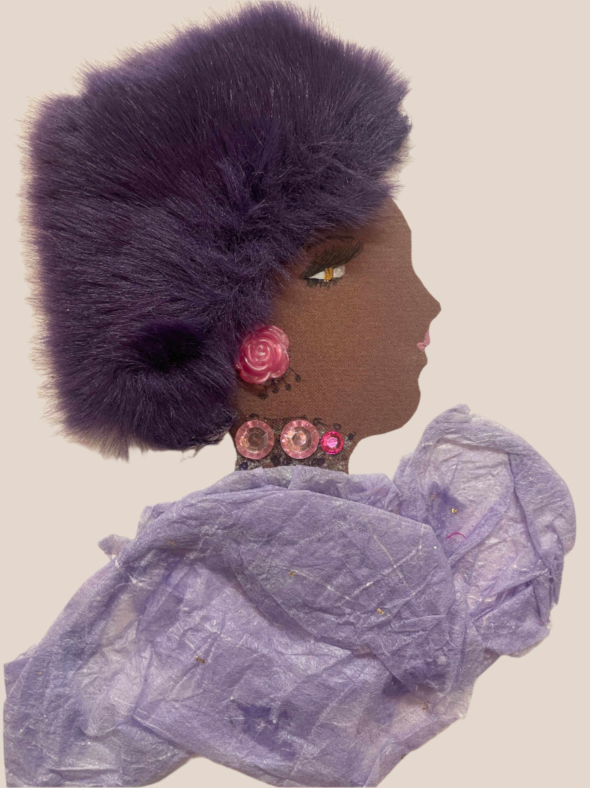 This is a handmade card of a woman named Vivienne Violetspur. She wears a soft purple hat, a lavender wrap with pink sequin embellishments, and a pink rose earring.