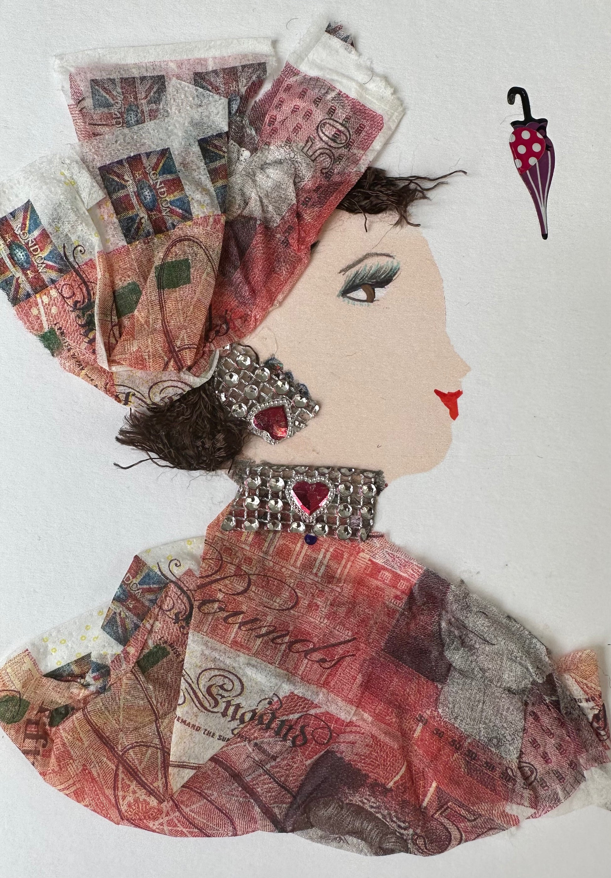 I designed this handmade card of a woman dressed in a 50 pound printed blouse. The red colour in the blouse and hatinator is complemented with silver and red heart gemstone jewellery.
