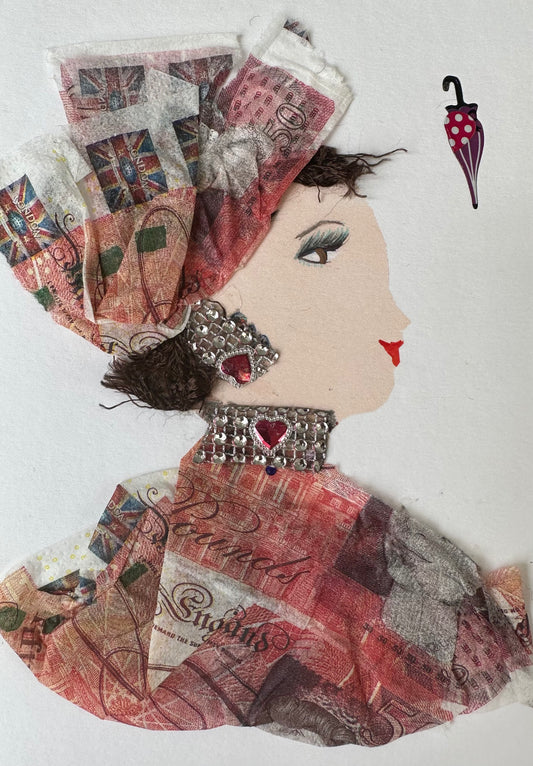 I designed this handmade card of a woman dressed in a 50 pound printed blouse. The red colour in the blouse and hatinator is complemented with silver and red heart gemstone jewellery.