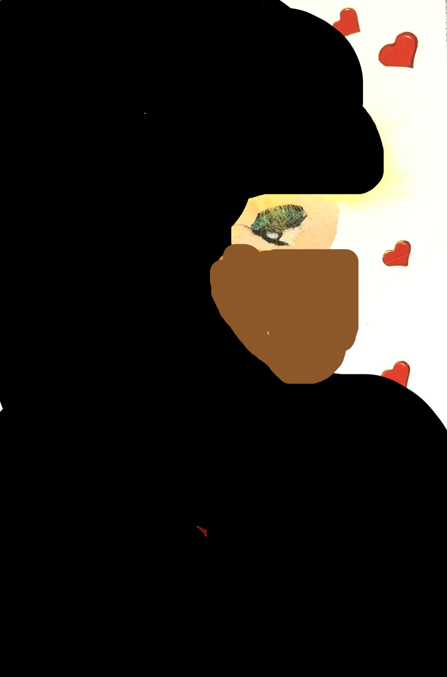 This card displays a woman wearing a red flower dress made from upcycled material. Her hair is electric yellow, and there are small scattered red hearts in the background