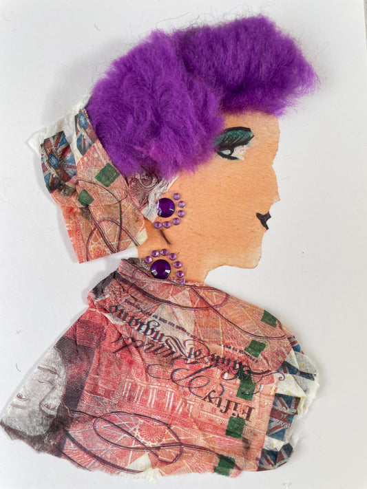 I designed this card of a woman named Satwant Super. She has a white skin tone and has vibrant purple hair. She wears a small hat at the bottom of her hair that is money print. She wears a money print blouse. She wears purple gem jewellery.