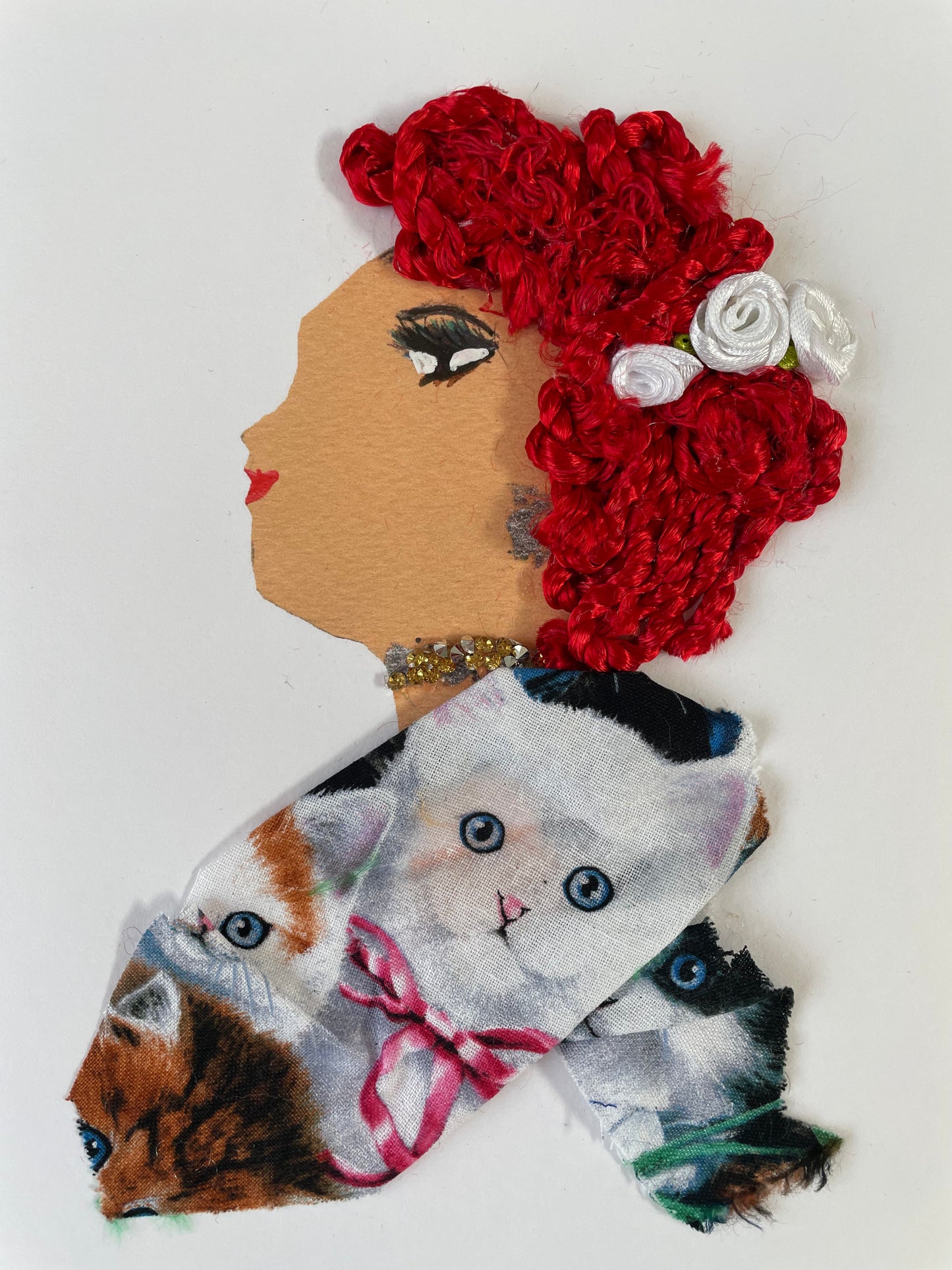 I designed this card of a woman who is named Whitney Westminster. She has a white skin tone with curly red hair. In her hair there are three white flowers. She wears a cat print blouse. She wears silver and gold jewellery.