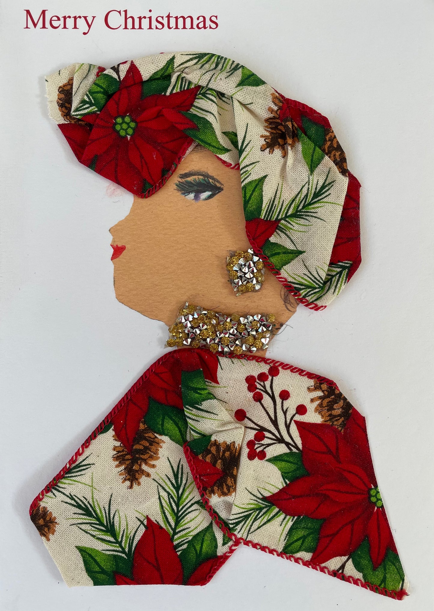 Hand made Christmas card showing a woman wearing a Christmas printed top with her matching hatinator