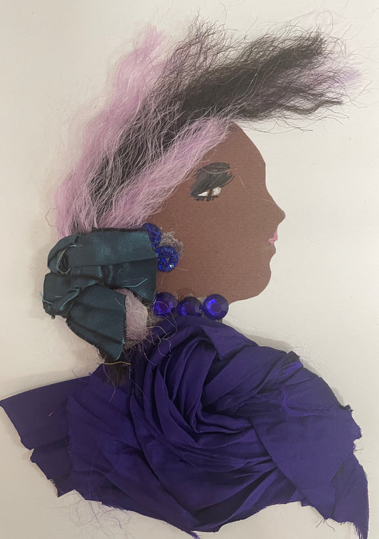 I designed this card of a woman named Peckham Purple. She has a brown skin tone and is wearing a dark purple blouse. She has dark purple matching jewellery to match. There is a navy ribbon in her hair. She has light purple and black hair. 