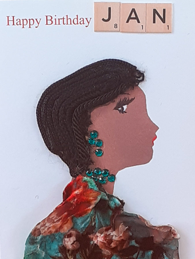 This card displays a woman called Tonya. Tonya wears a velvet floral print blouse, green jewellery, and has short black hair.