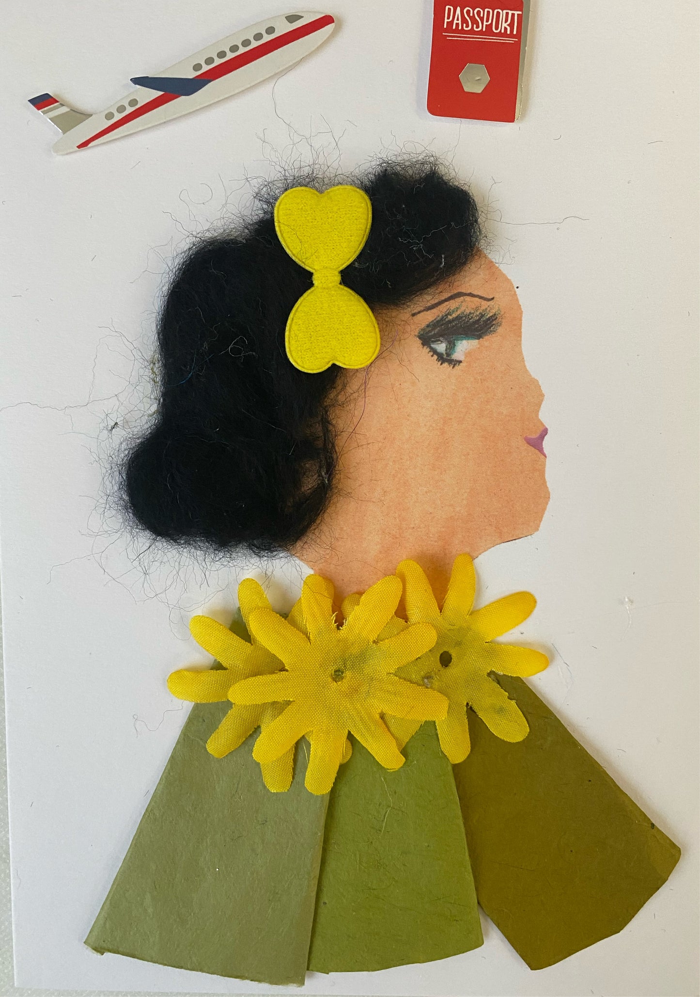I designed this card of a woman named Doctor Paddington. She has a white skin tone and wears a classy electric yellow bow in her hair. She wears a green blouse with yellow flowers to match her bow. On the top of the card there is a plane and a passport.