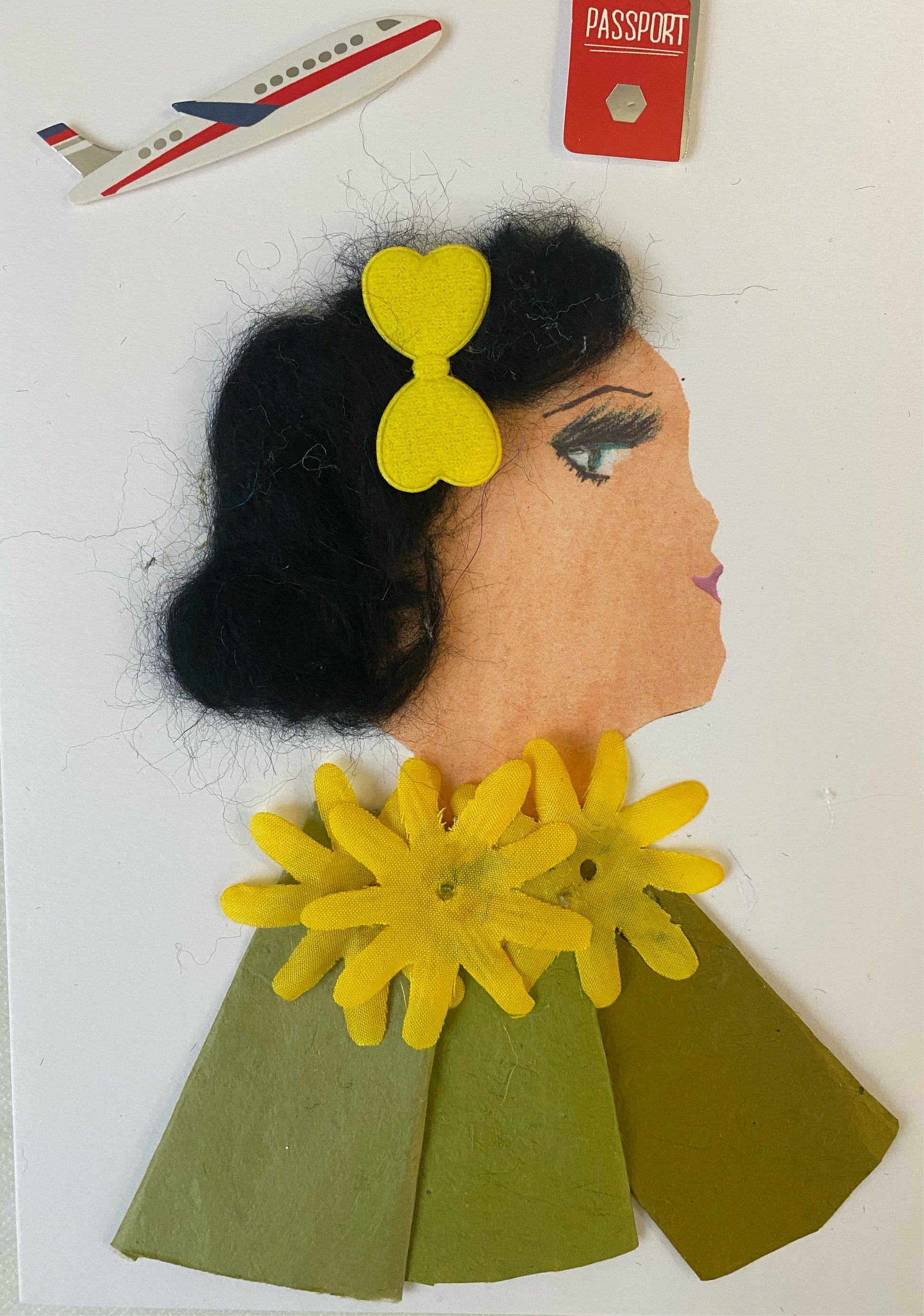 I designed this card of a woman named Doctor Paddington. She has a white skin tone and wears a classy electric yellow bow in her hair. She wears a green blouse with yellow flowers to match her bow. On the top of the card there is a plane and a passport.