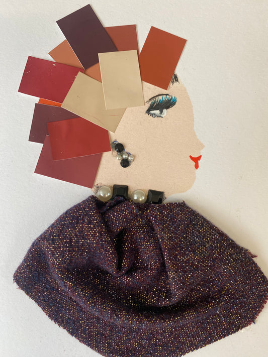 I designed this card of a woman named Dr. Emma Embankment. She has a white skin tone and is wearing a hat made of multiple red squares. She wears a gorgeous purple blouse. She wears pretty combination of black and pearl jewellery.  This unique illustration is sure to bring a bit of stylish personality to any space, from your desktop to your wall.