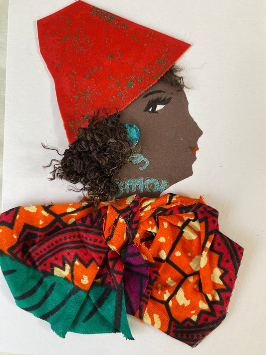 I designed this card of a black woman who is wearing a divine bright red hat with green sparkles. She wears an elegant ankara print blouse. She wears sparkly blue jewellery.