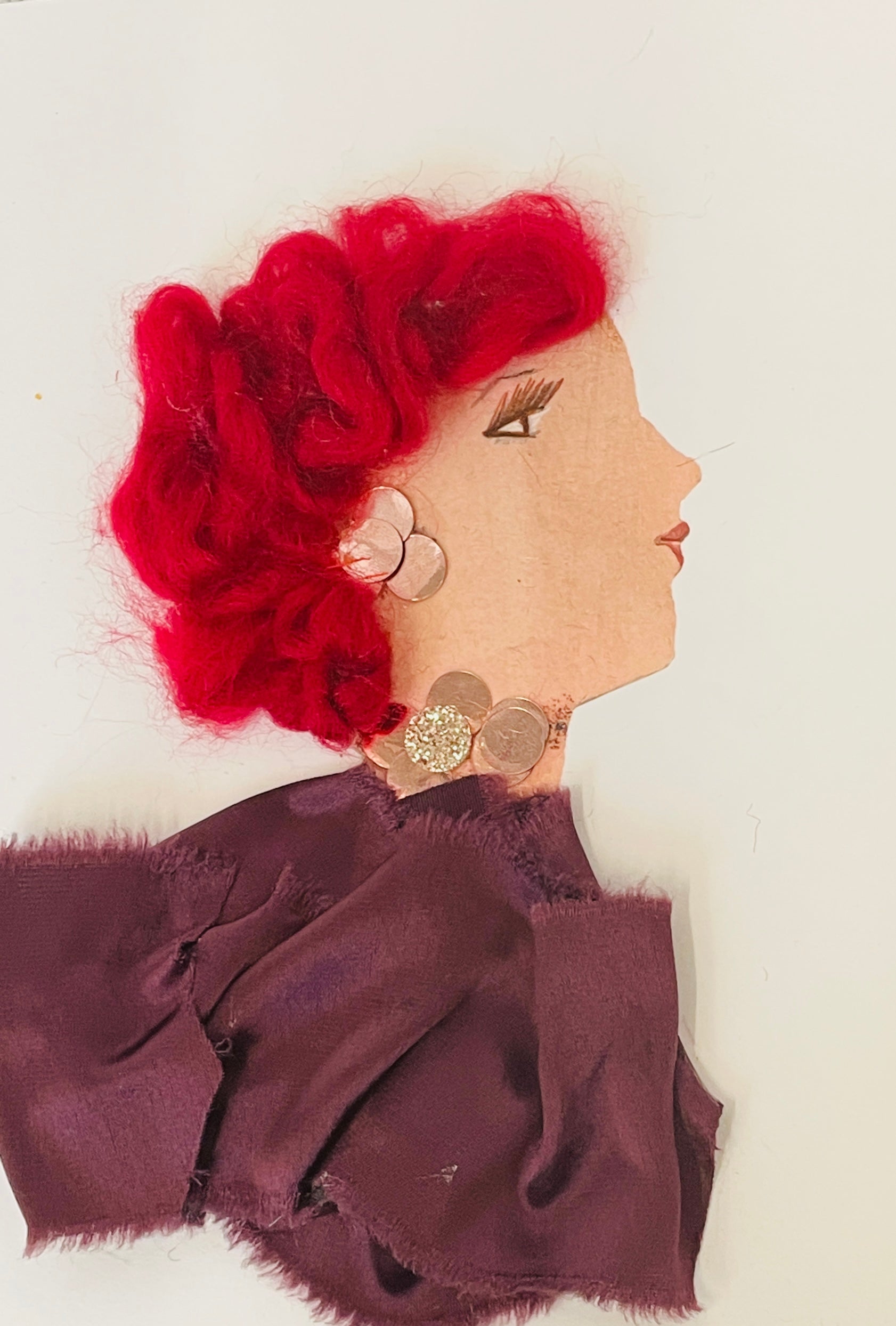 This card is of a woman named Beatrice. She wears a purple silk dress with a necklace made of small gold circle pieces and earrings to match. Her hair is bright red, short, and curly.