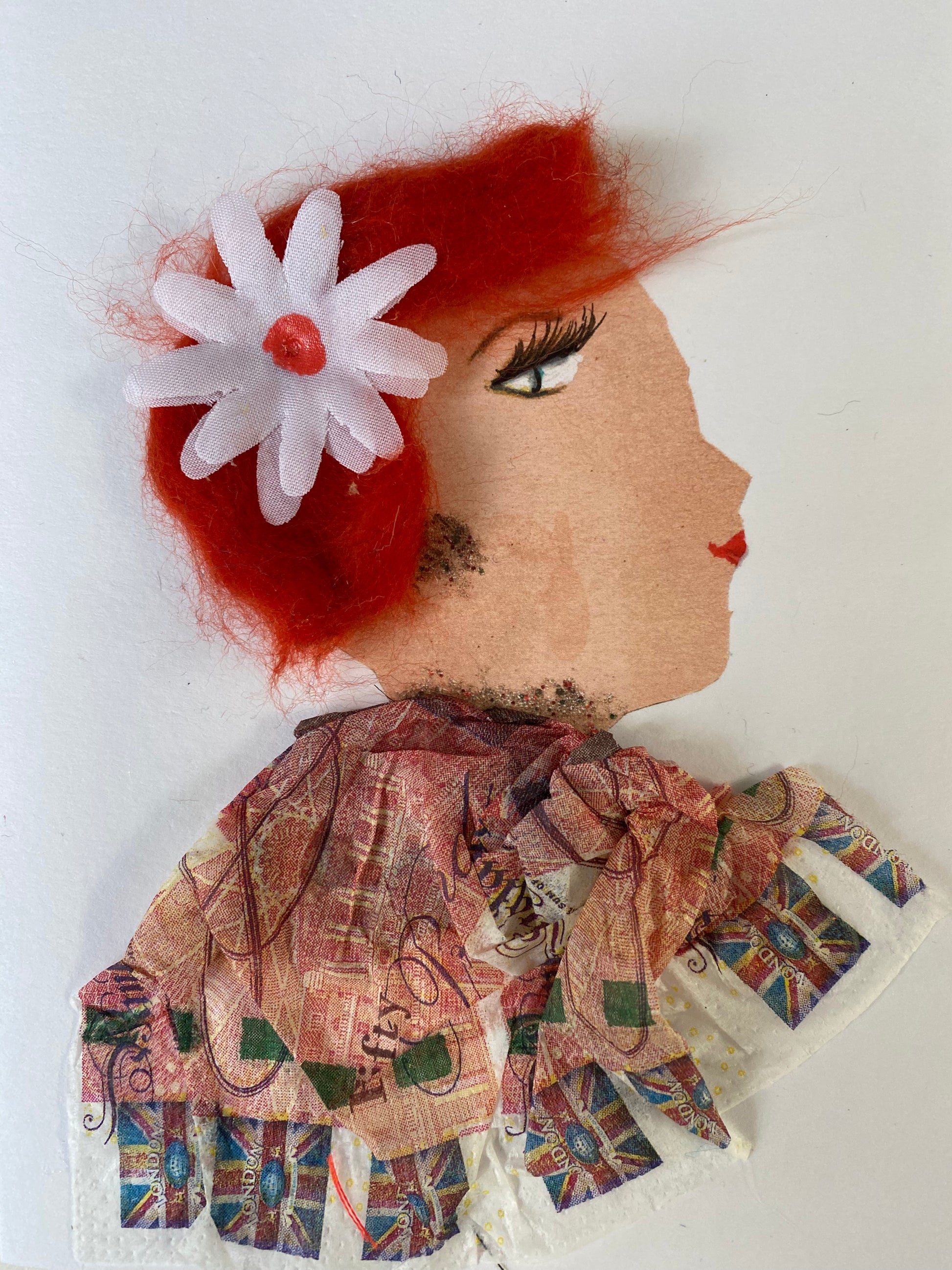 I designed this card of a woman named Candy Cane Cathy. She is wearing a marvelous white flower in her hair. She wears a blouse that is a gorgeous money print. She wears eye catching sparkly gold jewellery.