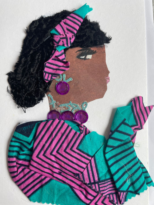This card depicts a woman who wears a matching blouse and headpiece that are pink and green and have stripes all over. She also wears green and purple jewellery to match her outfit.