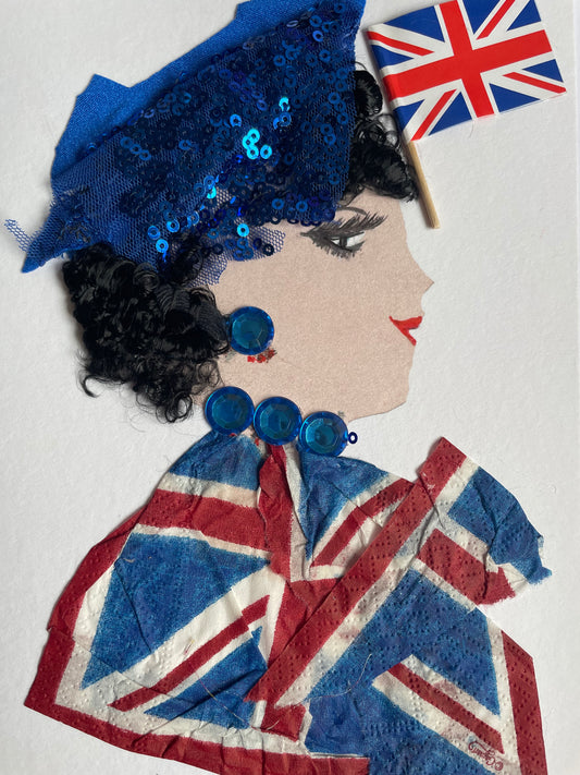 This card depicts a woman who is wearing a blue hat with her curly black hair. She is wearing a blouse that is made of the flag of the United Kingdom. She wears blue jewellery.