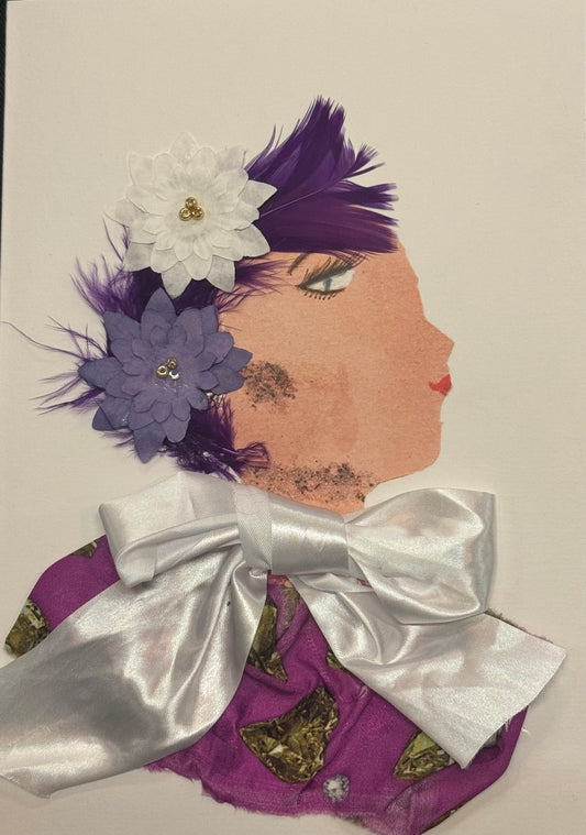 Handmade greeting card that can double as a piece of art featuring a side-profile collage of a woman with medium to deep brown skin facing left, surrounded by layered purple textures. She wears a soft, fluffy feathered headpiece in shades of lavender and violet, with fabric flowers and delicate details throughout. A large metallic silver bow sits at her neckline, reflecting light. The composition includes multiple overlapping floral elements, giving the image a soft, full, and textured appearance.