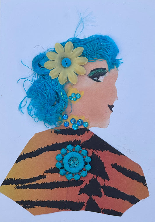 Handmade greeting card that can double as a piece of art featuring a side profile woman with bright turquoise textured hair adorned with a yellow flower, teal gemstone embellishments along her ear and neck, and a warm tiger-striped garment in orange and brown tones with a stitched teal circular detail on the shoulder.