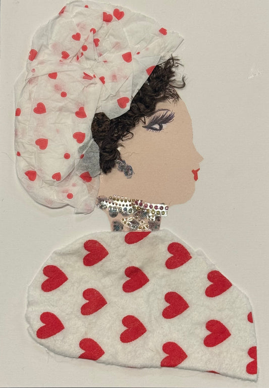 A side-profile collage of a woman with a light beige skin tone set against a white background. She wears a white fabric outfit decorated with evenly spaced red heart shapes, including a matching headwrap that appears slightly wrinkled and loosely tied. Dark curly hair is visible at the front of the wrap. Around her neck is a dense arrangement of rhinestones forming a sparkling choker. Her face is illustrated with a defined eye, long lashes, and a small red lip detail near the mouth.