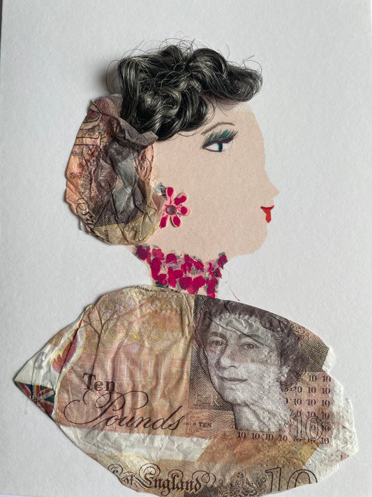 The card depicts a women who wears a matching blouse and hat that are made out of ten pound notes. She also wears red floral jewelry as accessories.