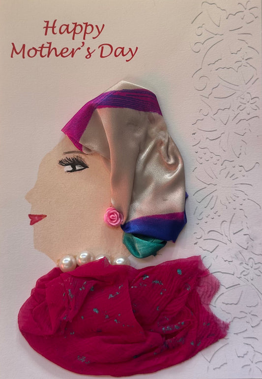 Card with a decorative headscarf design and 'Happy Mother's Day' text on a textured background