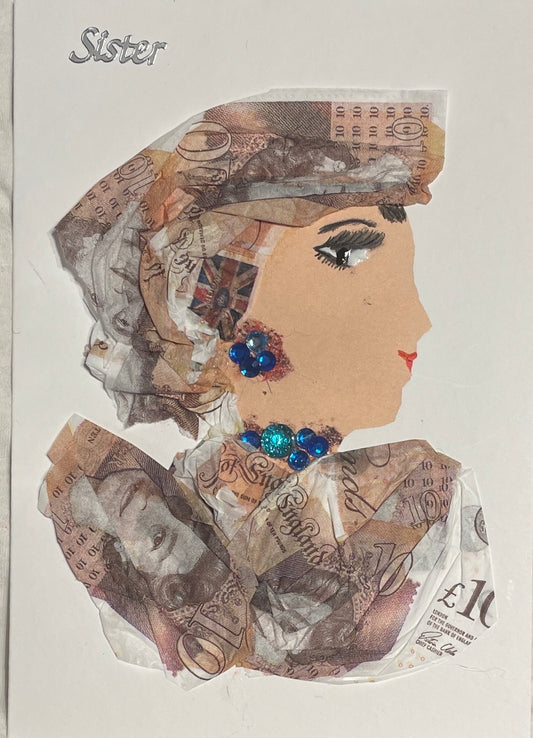 This card depicts a woman wearing a hat and dress made out of bank notes. She is also wearing blue gem jewellery.