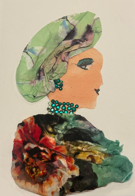 A side-profile collage portrait of a woman facing right, with warm-toned skin and a headscarf made of layered green patterned fabric. Her eye makeup is bold and green, matching the tones of her accessories. She wears green gem-like earrings and a cluster of green jewels at her neck. Her clothing features a multicolored fabric with abstract patterns in red, green, black, and gold. Her lips are dark, and her expression is strong and composed. The textures include crinkled fabric, smooth gems, and layered text