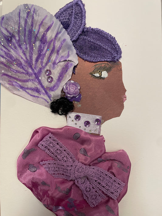 Handmade card of a woman in profile wearing a large lavender and purple headdress with sparkly accents. She has a purple rose earring, a high collar, and a pink satin dress with a bow.