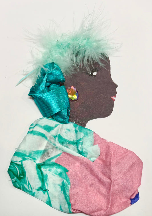 A woman has minty green hair and a teal bow in her hair. Her blouse is a mixture of light pink and teal. She has a rainbow gem earring. 