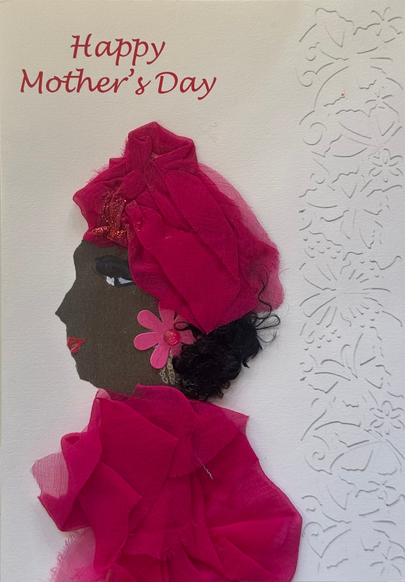 Mother's Day card with a stylized illustration of a woman wearing a pink headscarf and dress on a textured white background.