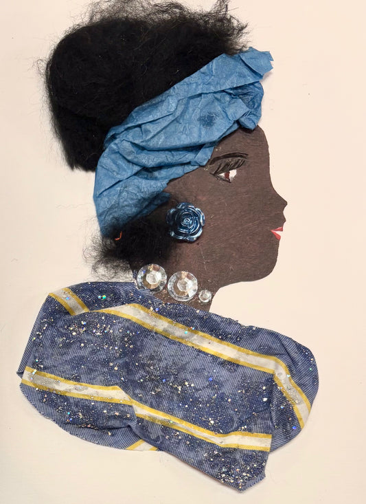A woman wears a blue headband, with her dark hair in an updo. Her blouse is blue with two horizontal yellow stripes. She wears a blue rose earring and silver gems as a necklace. 