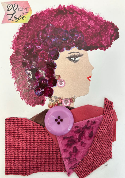 This card is designed for a woman named Waterloo Winnie. She is wearing a multi-coloured blouse with shades of maroon and purple. There's a lavender button that holds the blouse together. This woman has splotchy, maroon hair and is wearing pink jewellery.