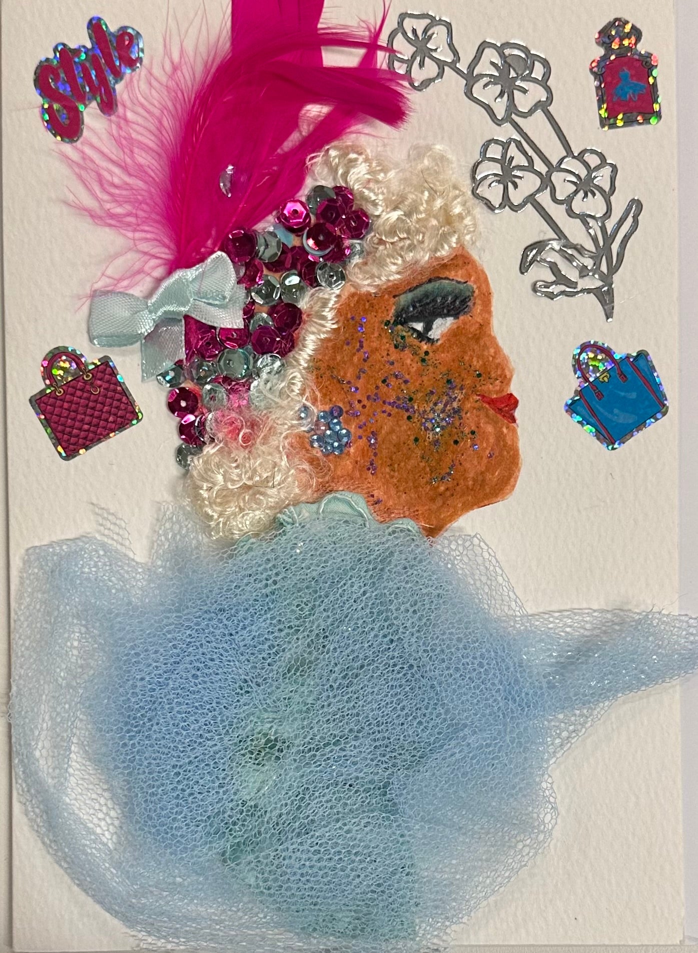 A decorative collage of a woman with white curly hair, sequins, a pink feather, glittered makeup, and a pale blue tulle dress, styled to suggest a fashionable owner of a labradoodle.