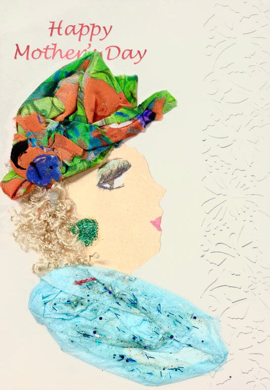 A woman wears a multicoloured hat featuring orange, green, and blue. She wears a baby blue blouse and a emerald green earring. Happy Mother's Day is spelt out in the top left corner in a red cursive font. 